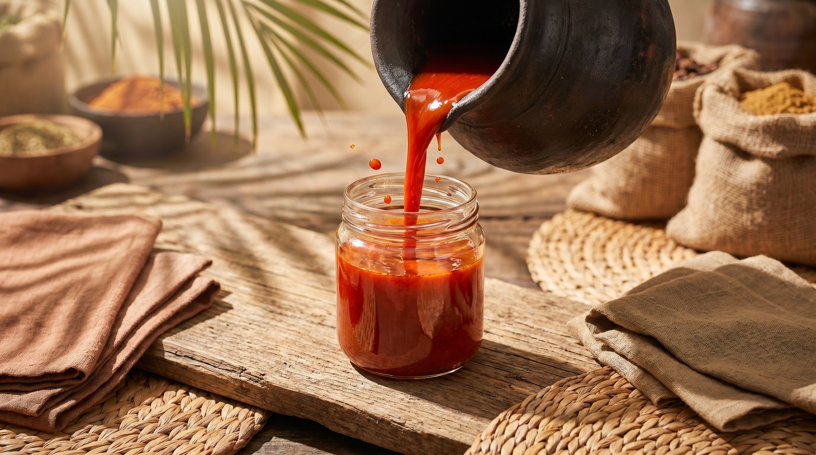 Huile de palme rouge versée d'un pot en terre dans un bocal en verre